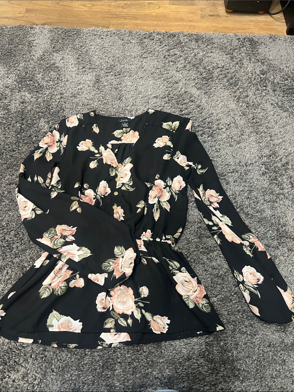 Justify Black Floral Peplum Blouse with Blush Roses